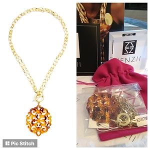 🧡 Tortoise Resin/18K Gold Pendant Necklace & Pouch